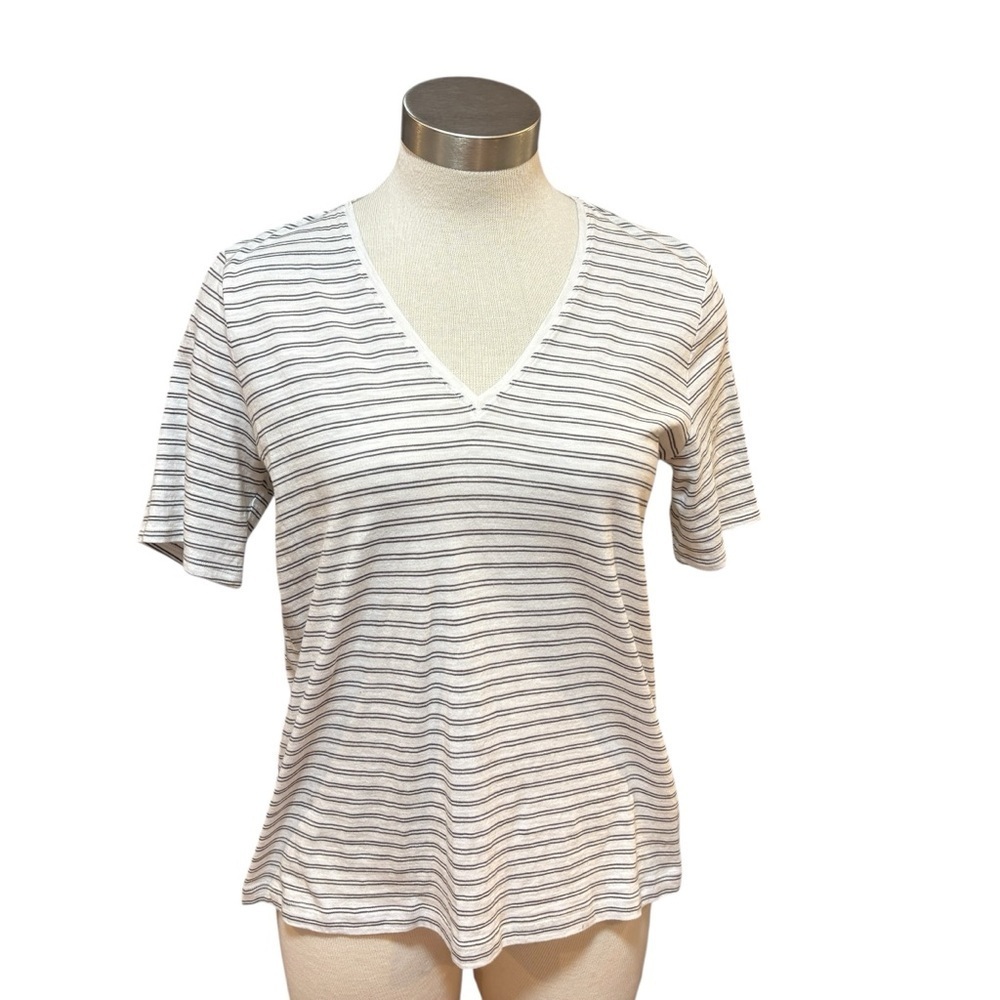 NWT Eileen Fisher T-Shirt Striped V-Neck Tee White Gray Sz. S Petite